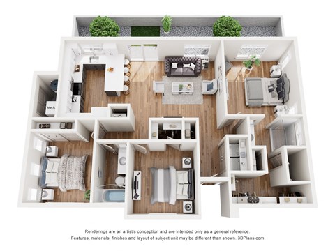 Floor plan for 3 beds, 2 baths, 1225 sqft